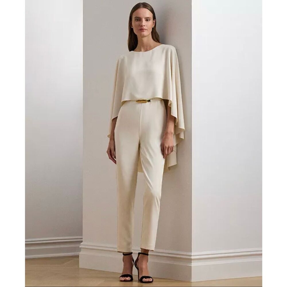 Lauren Ralph Lauren Belted Cape Georgette Jumpsuit Mascrapone Cream 12